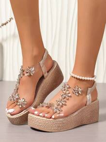 Women's Lightweight & Comfortable Minimalist Open Toe Platform Wedge Sandals With Metallic Decoration, Suitable For Summer Outdoor