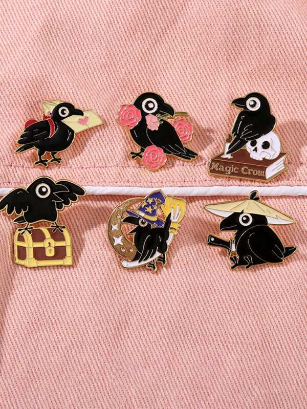 6 piezas de broche/insignia de metal con diseño de cuervo de dibujos animados, lindo pin de solapa de aleación de zinc esmaltado, decoración para mochilas, accesorios de oficina, camisas, chaquetas, joyería para Navidad y Halloween