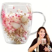 1 个双层玻璃咖啡杯，带干花，隔热耐热水杯，适合热饮和冷饮，非常适合冷饮、苏打水、果茶、果汁和拿铁咖啡 - 适用于婚礼、派对、新娘送礼会、生日礼物等 - 彩色 - 查看 7