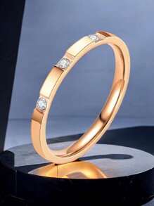 1 pieza Anillo con forma de corazón de acero inoxidable en color oro rosa/plateado con 3 piedras cúbicas de circonia, regalo de joyería para parejas/bodas