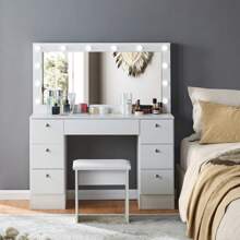 CLIPOP White Vanity Table With Lighting, Upholstered Stool, 3 Color-Adjustable LED Lights, 7 Drawers, Large Vanity Table, Girl's Bedroom - trắng - Xem 1