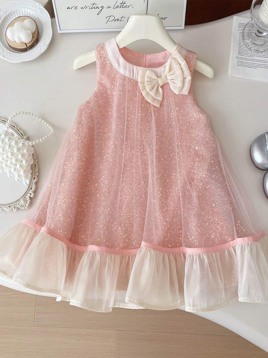 New Summer Girl Sleeveless Bow Mesh Princess Dress, Cute & Elegant Party/Birthday Gift - Pink - View 1