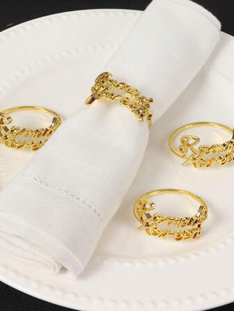 2 件优雅双层字母图案餐巾环，金属镀层别致装饰，适用于酒店和餐厅