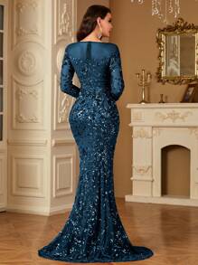 hezixi Women Long Sleeve Rhinestone Decor Elegant Slim Maxi Evening Dress, Party Dress, Wedding Guest Dress, Formal Dress,Gown - 水鴨藍 - 查看 6