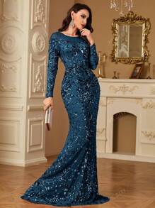 hezixi Vestido largo de mujer de manga larga con decoración de rhinestones, elegante y estilizado, vestido de noche, vestido de fiesta, vestido de invitada de boda, vestido formal, vestido de gala