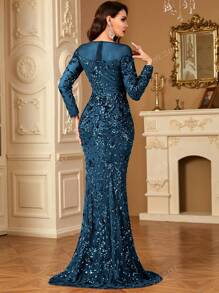 hezixi Vestido largo de mujer de manga larga con decoración de rhinestones, elegante y estilizado, vestido de noche, vestido de fiesta, vestido de invitada de boda, vestido formal, vestido de gala