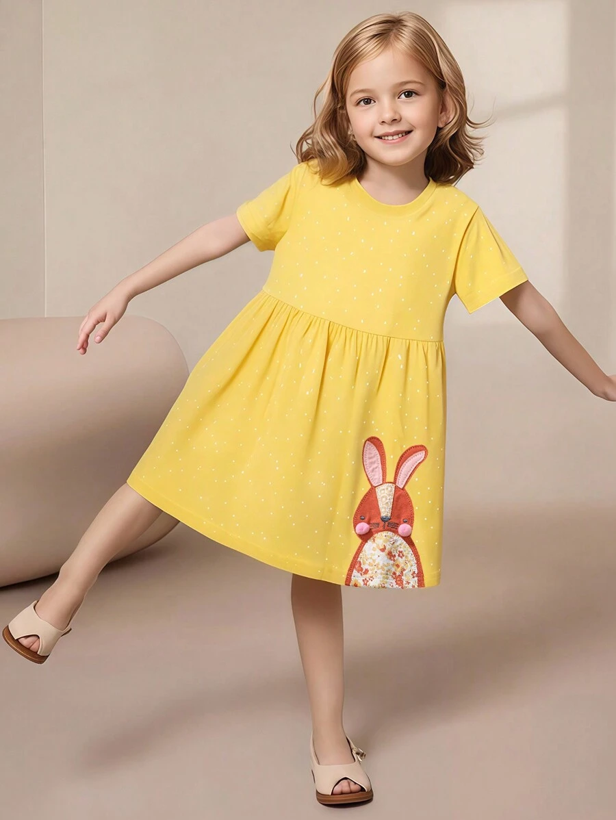 Young Girls Rabbit Pattern Dress, Fashionable For Casual Daily Wear - Yellow - View 1