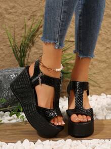 Women's Fashion Black Lace-Up Platform Wedge Sandals