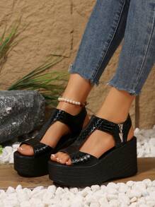 Women's Fashion Black Lace-Up Platform Wedge Sandals