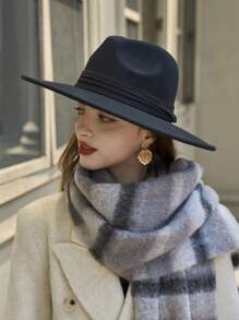 1pc New Fashion Wide Brim Hat, Flat Top Felt Fedora Hat For Women, Autumn/Winter Top Hat