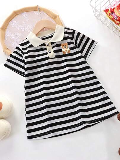 Vestido informal con rayas y estampado de oso para niña
