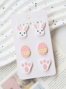 3 Pairs Acrylic Faux Soft Clay Painted Carved Rabbit & Easter Egg Stud Earrings Set, Cute Holiday Gift, Party Earrings - Easter Three Piece Set - View 2