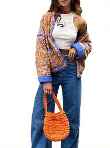 Women Floral Quilted Puffer Jacket Cropped Lightweight Patchwork Vintage Padded Short Coat Outerwear - Khaki - View 10