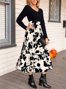 Women's Floral Maxi Dress Ruffle Hem Bohemian Long Dress With Belt,Black Floral Dresses For Women - 黑色 - 查看 1