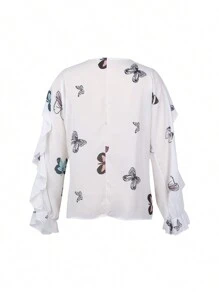Women Long Sleeve Chiffon Shirts Button-Down Ruffle T Shirt Lady Elegant Solid Color/Letter/Butterfly/Plant Print V-Neck Long Sleeve Dressy Blouse Summer Vacation Casual Loose Top Boho Clothes Outfit - 藍白色 - 查看 5