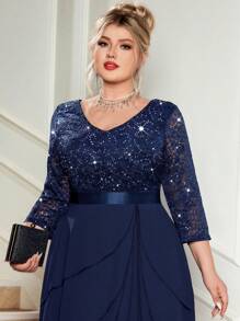 Đầm maxi cỡ lớn cổ chữ V đính sequin, ren hoa, viền bèo nhún bằng chiffon, thanh lịch cho các bữa tiệc trang trọng, đám cưới, năm mới, dạ hội mùa đông, lễ tốt nghiệp, sinh nhật, lễ hội trường và các dịp khác. - Màu xanh hải quân - Xem 10