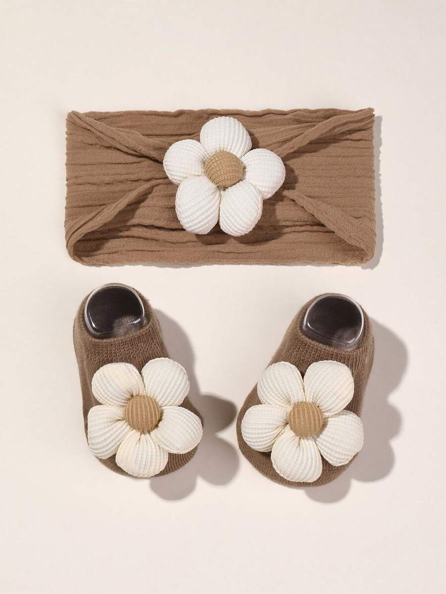 1 套婴儿花朵装饰超弹力尼龙头带和袜子 - HB134棕色 - 查看 1