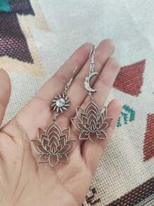 1 对波西米亚不对称日月瑜伽莲花吊坠耳环，简约时尚，适合女性日常佩戴 - 金黃色 - 查看 6