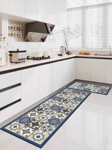 1pc Diatomite Kitchen Mat, High-End Black & White Color Block Retro Floral Pattern Patchwork Design, Luxurious Minimalist Style, Cushioned Anti-Fatigue Kitchen Carpet, Absorbent Quick-Dry Non-Slip Rug For Kitchen, Bathroom, Entryway, Laundry Room, Living Room, Can Be Trimmed To Any Size