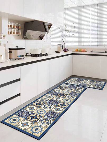 1pc Silica Gel Kitchen Mat, Premium Foggy Blue Color Block Patchwork Pattern, Kitchen Mat With Luxurious Minimalist Style, Cushioned Anti-Fatigue Kitchen Mat And Carpet, Water-Absorbent Quick-Drying Non-Slip, Can Be Trimmed To Any Size, Simple Silica Gel Soft Rubber Mat, Suitable For Kitchen, Bathroom, Foyer, Laundry Room, Living Room And Other Areas