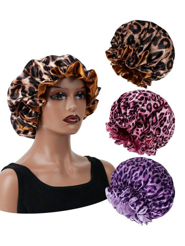 1PC Hair Bonnet Printed Leopard Double Layer Satin Splicing Hair Bonnet For Sleeping For Curly And Straight Hair