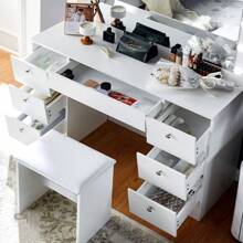 CLIPOP Schminktisch mit Beleuchtung, Spiegel und gepolstertem Hocker, 3 farblich einstellbare LED-Leuchten, 7 Schubladen, großer Schminktisch, Mädchen, Schlafzimmer Weiß  117x40x135 cm