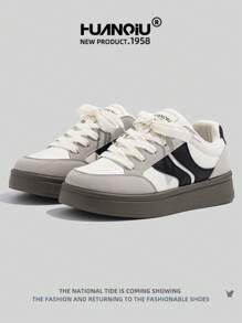 HUANQIU Giày nữ kiểu mới năm 2026, giày thể thao nữ, giày casual đế dày, đa năng, nhẹ, thoải mái, buộc dây, giày casual đế mềm, giày chạy bộ, màu be-đen, giày dùng được cả bốn mùa. - Đen và trắng - Xem 3