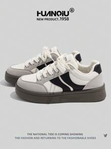 HUANQIU Giày nữ kiểu mới năm 2026, giày thể thao nữ, giày casual đế dày, đa năng, nhẹ, thoải mái, buộc dây, giày casual đế mềm, giày chạy bộ, màu be-đen, giày dùng được cả bốn mùa. - Đen và trắng - Xem 1