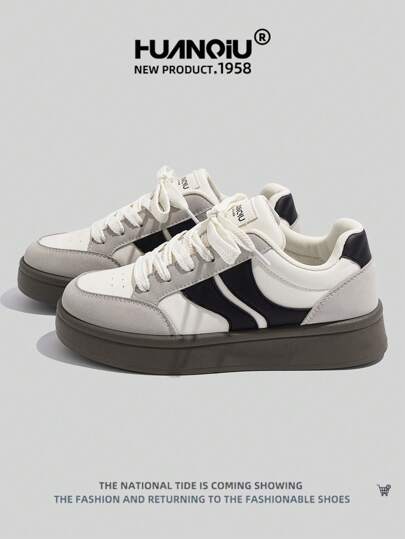 HUANQIU 2026 New Style Women's Shoes, Women's Sneakers, Thick-Soled Casual Shoes, Versatile, Lightweight, Comfortable, Lace-Up, Soft-Soled Casual Shoes, Running Shoes, Beige-Black, All-Season Shoes