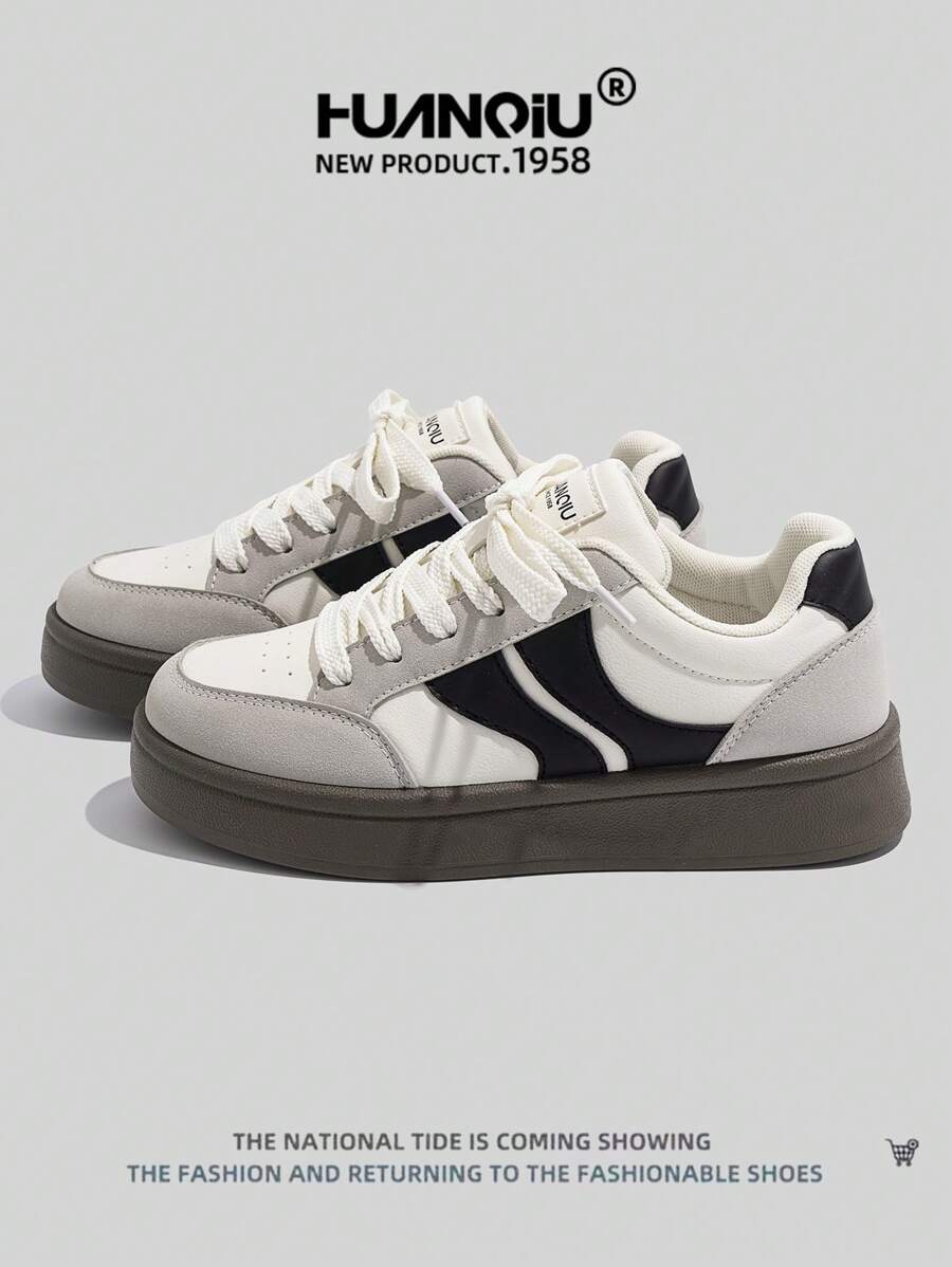 HUANQIU Giày nữ kiểu mới năm 2026, giày thể thao nữ, giày casual đế dày, đa năng, nhẹ, thoải mái, buộc dây, giày casual đế mềm, giày chạy bộ, màu be-đen, giày dùng được cả bốn mùa. - Đen và trắng - Xem 1