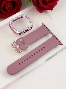 兼容 38mm、40mm、41mm、42mm、44mm、45mm、46mm 和 49mm 的 表带和表壳。采用柔软、运动休闲的硅胶表带，搭配双排镶钻、防震防刮的硬质 PC 穿孔保护壳。兼容 Ultra/11/10/9/8/7/6/5/4/3/SE 女士时尚表带和表壳。佩戴舒适，触控灵敏！ - 煙紫色錶帶+粉紅色殼 - 查看 7