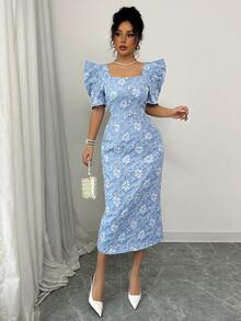 女士泡泡袖珍珠装饰提花纹理长连衣裙