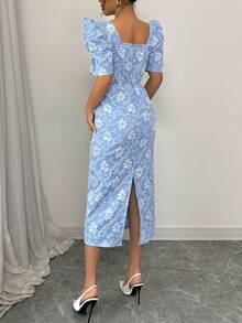 女士泡泡袖珍珠装饰提花纹理长连衣裙