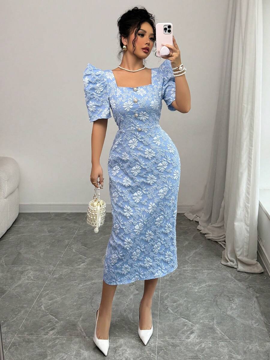 女士泡泡袖珍珠装饰提花纹理长连衣裙