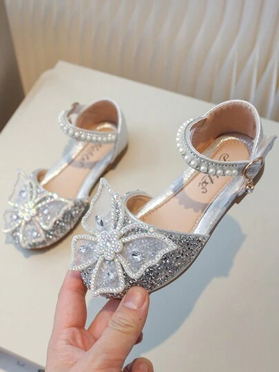 1 Pair Girls' Leather Shoes With Bow & Rhinestone, Princess Soft Bottom Anti-Slip Fashion Flats, Suitable For Big Kids, Dance/Performance, Spring/Summer