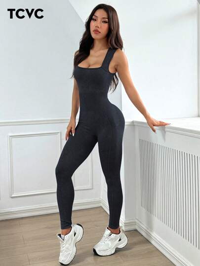 TCVC Women's Sandwashed Activewear Jumpsuit, Sleeveless, Breathable, Form-Fitting, Suitable For Yoga, Gym Workouts, All Season Sportswear Shapewear Jumpsuit