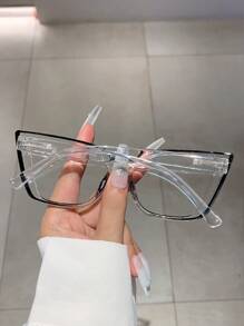 1 Pair Women's Multi-Color Cat Eye Transparent Simple Style Eyeglasses With Decorative Lines, Non-Prescription - Black - View 2