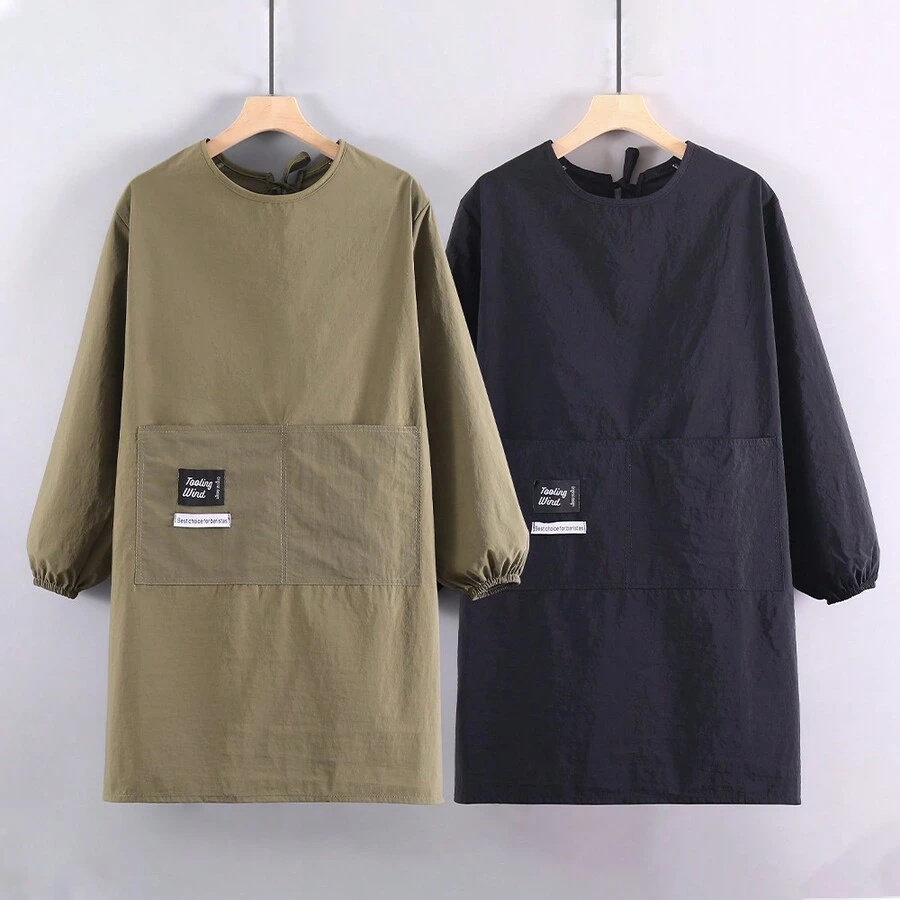 1pc Large Pocket Long Sleeve Apron, Fashionable New Waterproof And Stain-Resistant Apron For Household, Catering And Work Use