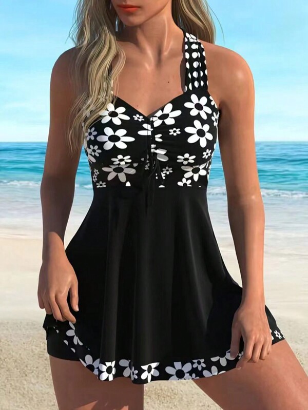 Floral Print Criss-Cross Drawstring Split Skirt Swimwear Set For Women, Ladies Swimwear And Summer Beach Vacation Outfit, Women's Spaghetti Strap Tankini Swimwear