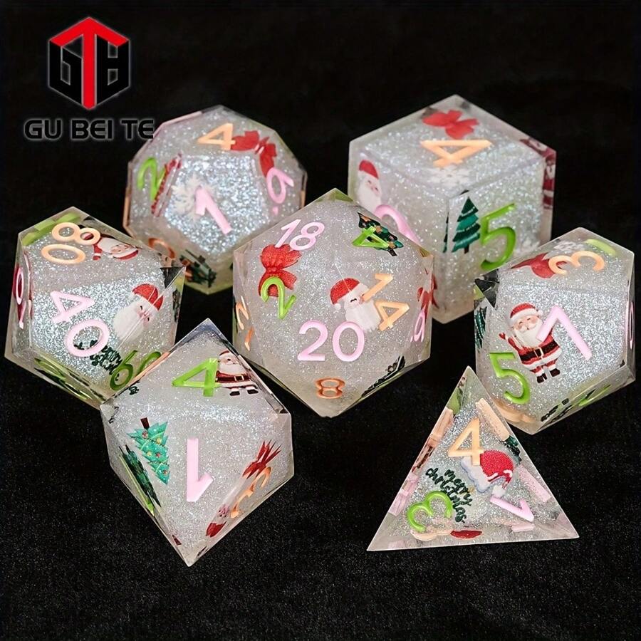 7-Die D-N-D Dice, Sharp Edge Resin Dice With Dice Case, Polyhedral Dice Set Filled With Santa Claus, For Role Playing Game D&D Dice Christmas Gifts (Santa Claus)