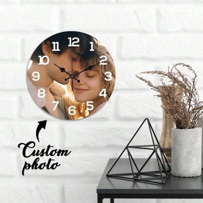 1pc, Custom 12 Inch Photo Wooden Wall Clock - Quiet No Ticking, Personalized Design, Exclusive Photo Design For Couples, Perfect Gift For Family And Friends - Ideal For Kitchen, Living Room, Bedroom Decoration, Perfect For Living Room, Bedroom, Office, Perfect Gift For Holidays, Birthdays. Easy To Install, No Frame Required, Wall Clock Living Room, Salon, Apology Gift, Time-Saving Gift, Battery Powered (AA Battery Not Included) Gifts Graduation