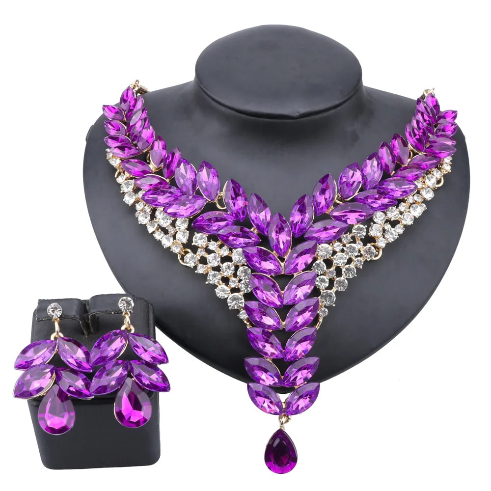 Glamorous Purple Leaf Statement Jewelry Set–Gold-Plated Rhinestone Necklace Earrings For Women Party Wedding Evening Dress Accessories