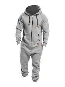 Men Winter Hooded Jumpsuits With Pockets Full Zipper Up Sweatsuit - Light Grey - View 3