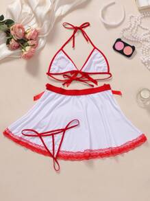 Ning xue yan ying Conjunto de ropa interior sexy de 3 piezas para mujeres que incluye: uniforme de enfermera de cosplay, ropa interior con lazo decorativo, bikini de contraste con parte trasera descubierta, falda corta con encaje y lazo
