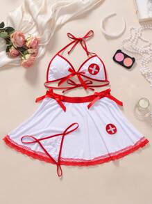 Ning xue yan ying Conjunto de ropa interior sexy de 3 piezas para mujeres que incluye: uniforme de enfermera de cosplay, ropa interior con lazo decorativo, bikini de contraste con parte trasera descubierta, falda corta con encaje y lazo