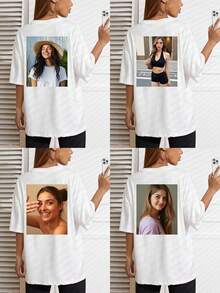 Customized Pattern Women Loose Casual T-Shirt, Personalized Photo Printing, Upload Your Selfie/Group Photo/Friends, Designed For Birthday/Holiday/Anniversary, Women White Tee, Spring/Summer Loose Short Sleeve Top, Holiday Gift, Spring/Summer Clothing, Special Gift, Creative Gift, Couple/Best Friend Matching - White - View 2