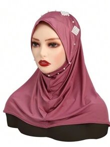 1pc Women's Convenient Full Coverage Hijab With Rhinestone Pearls, Luxury For Holiday Celebration - Multicolor - View 14