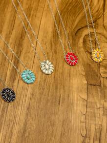 1pc Bohemian Retro Style Women's Pendant Necklace, Composed Of Multiple Round Turquoise Stones, Western Style Women's Chain Necklace, Round Petal Necklace, Suitable For Women's Daily Wear, Holidays Or As A Gift For Friends