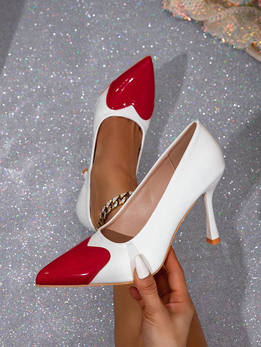 Giày cao gót mũi nhọn thiết kế hình trái tim đỏ và trái tim trắng cho nữ, giày dự tiệc thời trang mới ra mắt năm 2024 - Đỏ và trắng - Xem 1
