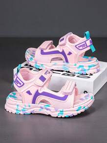 Girls Double Hook And Loop Adjustable Classic Color Casual Sandals, Fashionable & Versatile Children Sport Sandals - Pink - View 4
